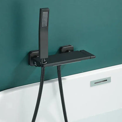 Black matte gray wall mounted waterfall faucet set with integrated shelf and handheld spray head for bathroom shower