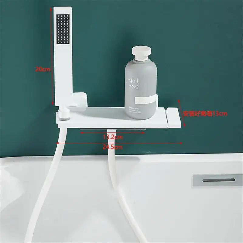 Modern gray wall mounted waterfall faucet set with white plastic shower shelf and built-in handheld showerhead