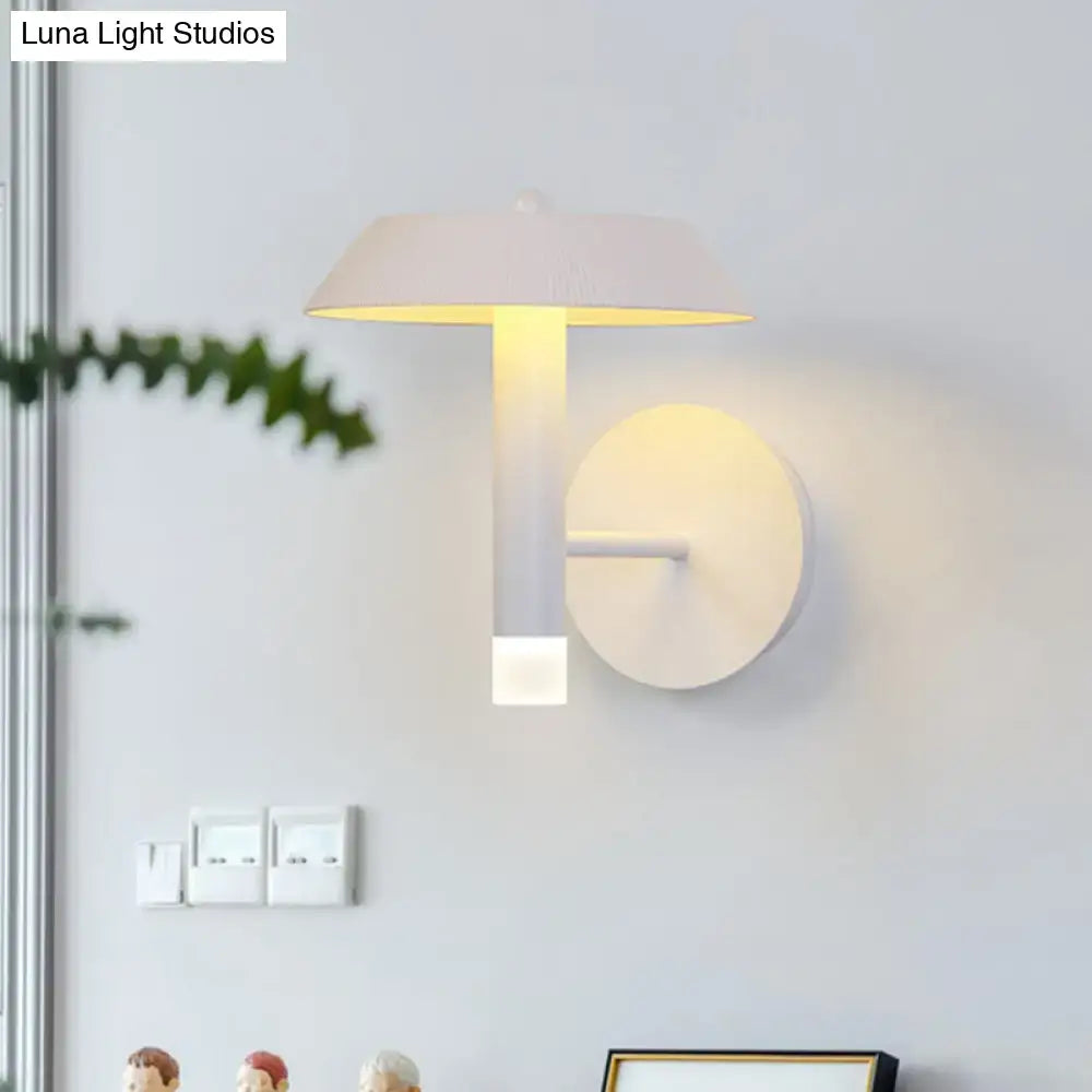 Modern gray and white wall sconce with a bulb base and LED light type featuring a sleek umbrella-shaped shade