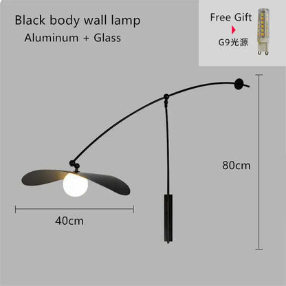 Modern gray and wood adjustable led pendant chandelier with black aluminum wall lamp featuring a sleek curved arm and glass shade