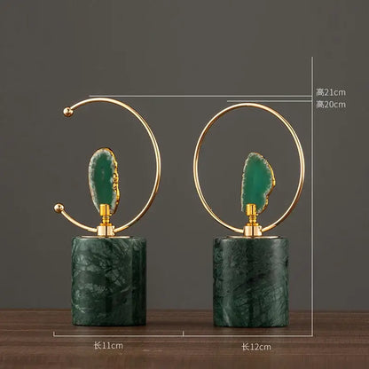 Modern green and gold agate crafts marble base sculptures with gold-toned rings and dark green marble base for living room