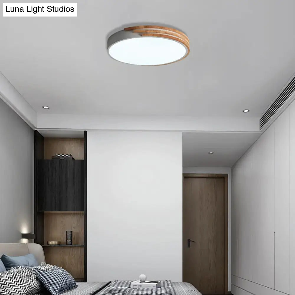 Decorbites nordic style round flush mount ceiling light with white acrylic center and wooden ring accent in grey white green