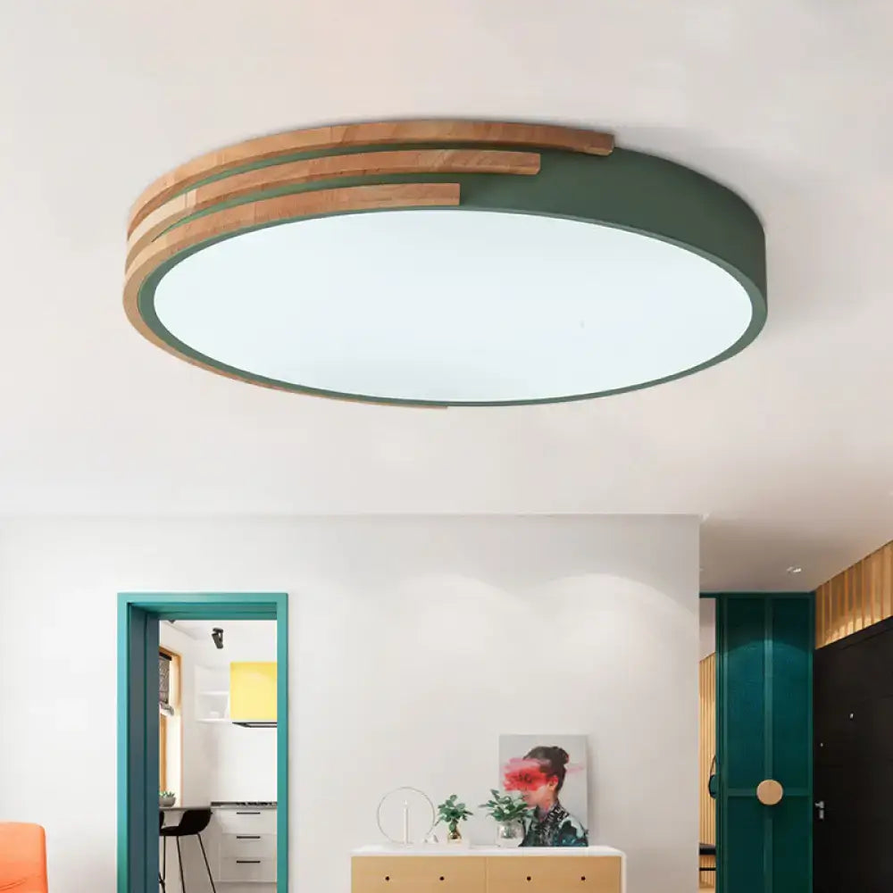 Modern decorbites™ nordic style round flush mount ceiling light with matte green ring and natural wood slats, 16 inch width