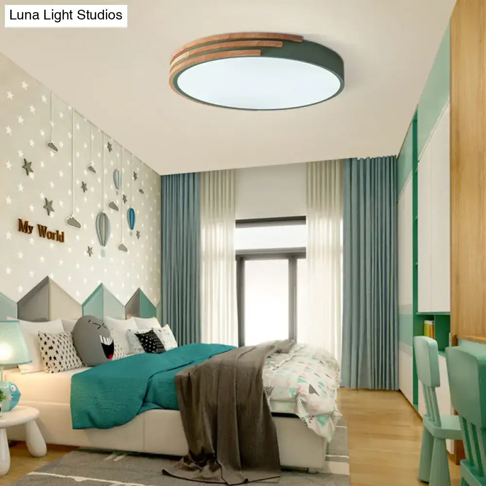 Decorbites™ nordic style round flush mount ceiling light with wood and acrylic bands in grey white and green, 16 inch width