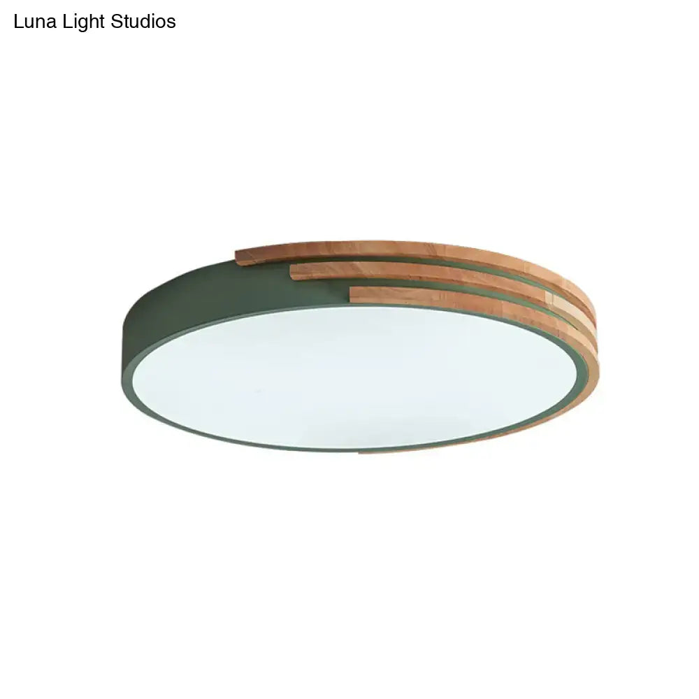 Modern flush mount ceiling light with matte green metal frame and natural wood slats by decorbites, 16 inch round flush mount