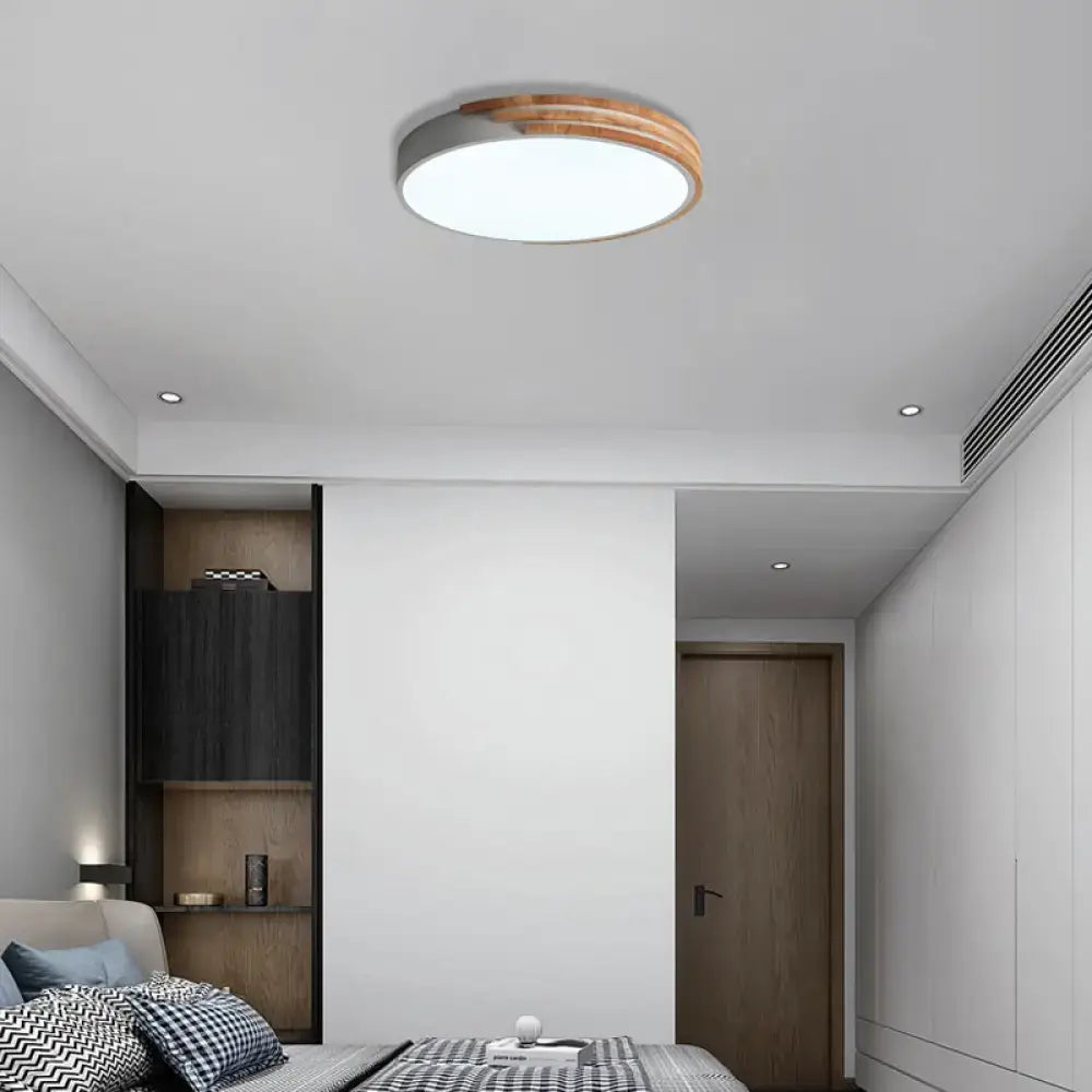Decorbites™ nordic style round flush mount ceiling light with white acrylic center and warm wood ring accent in grey