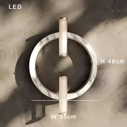 Modern circular wall lamp with green black marble ring and two vertical led light bars for bedroom use