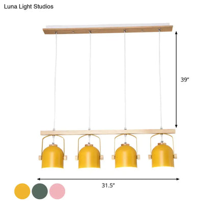 Yellow metal dome island light with wooden horizontal bars and hanging cords in a 3 4-light DecorBites wood chandelier