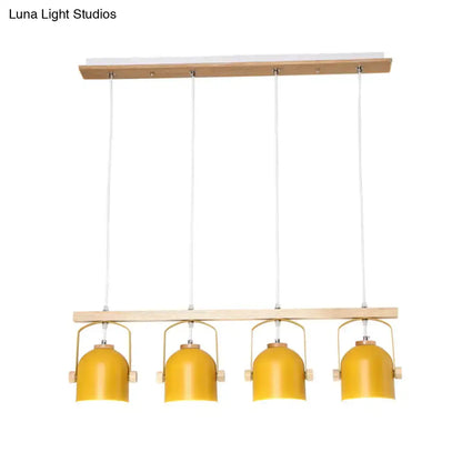Modern DecorBites Nordic dome island light with four mustard-yellow metal shades on a minimalist wooden frame chandelier