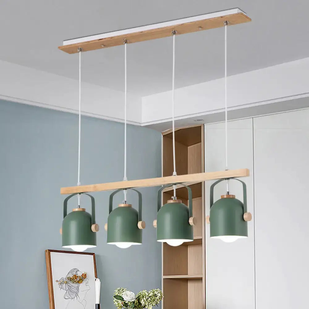 Modern green metal dome island light with wooden accents hanging from wood and white ceiling fixture by decorbites