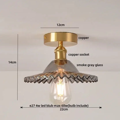 Modern green glass leaf flush mounted ceiling light with brass copper base and smoke gray wavy glass shade for bedroom