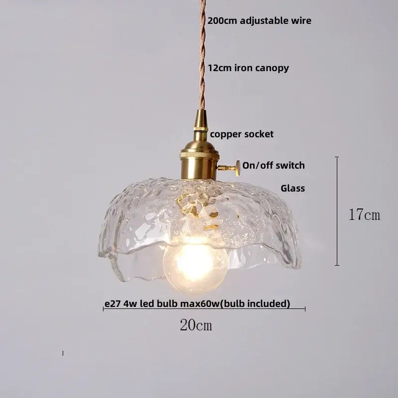 Modern green glass walnut wood pendant light with clear textured glass and brass-finished copper socket for dining room