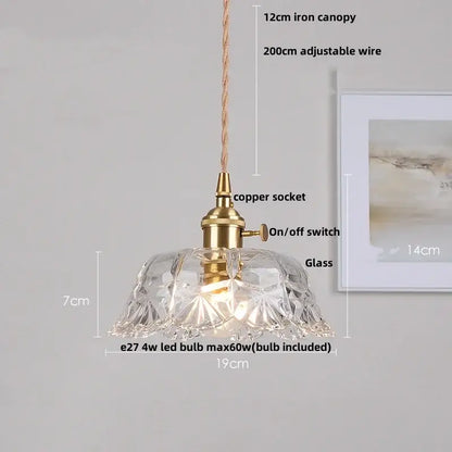 Clear intricately cut glass pendant light with brass copper socket and switch for modern green glass walnut wood dining room