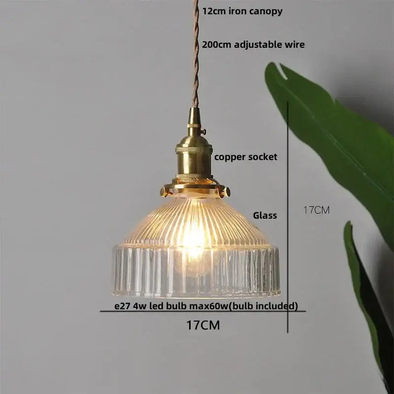 Modern green glass walnut wood pendant light with a vintage brass copper socket and ribbed clear glass shade for dining room