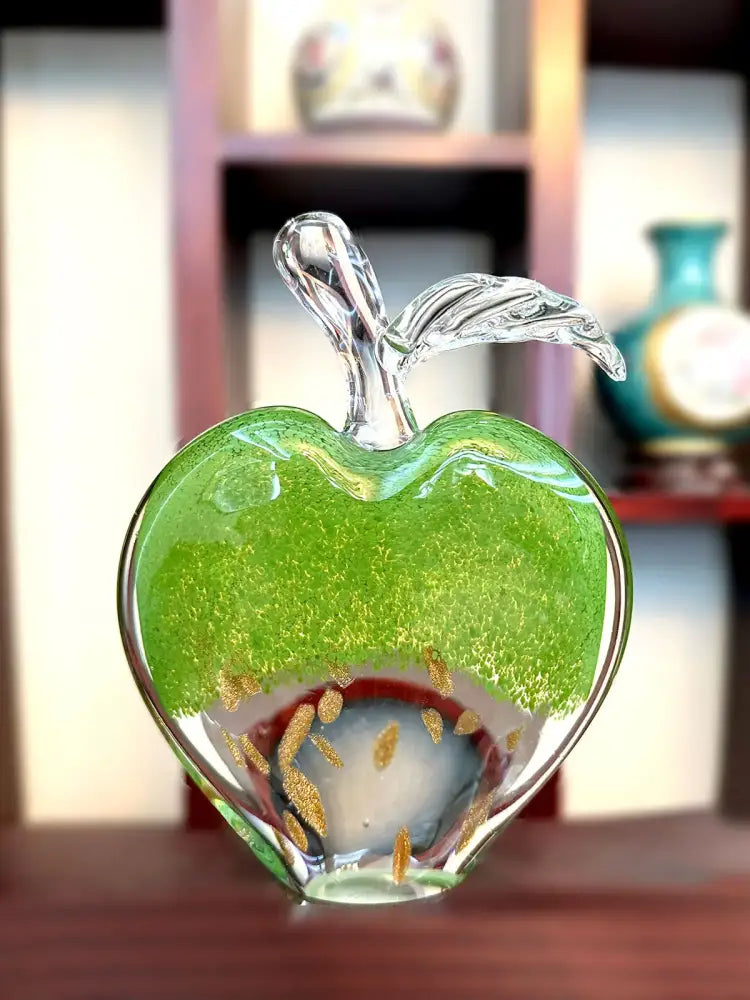 Modern green gold crystal glass apple paperweight with translucent glass and golden glitter for office decorbites decorbites crystal glass