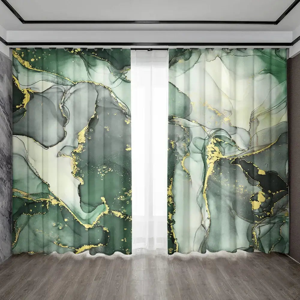 Elegant modern green marble rod pocket sheer curtains with gold marble pattern for living room decorbites green marble