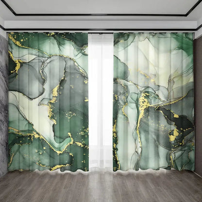 Elegant modern green marble rod pocket sheer curtains with gold marble pattern for living room decorbites green marble