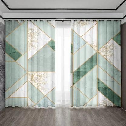Modern green and gold marble rod pocket sheer curtains with geometric mint green and white patterns for living room decorbites green marble