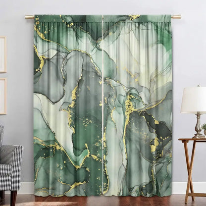 Modern green and gold marble rod pocket sheer curtains featuring elegant decorbites green marble design for living room decor