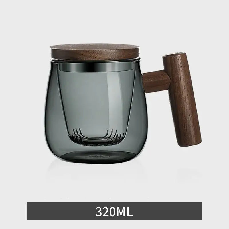 Dark gray double-walled glass tea cup with wood handle and internal infuser from decorbites glass tea kitchen set