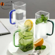 Modern green handle square glass mug made of clear glass filled with cucumber and mint-infused water