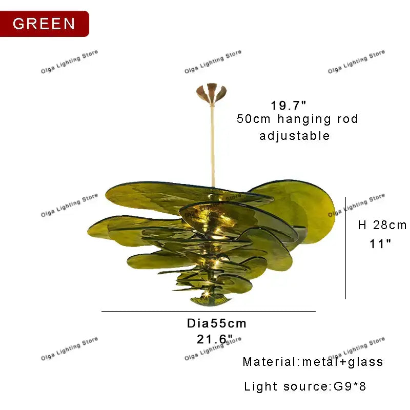 Modern green leaf glass chandelier with layered metallic green and glass petals for dining room lighting