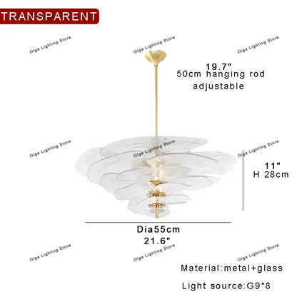 Modern green leaf glass chandelier with transparent layered glass petals and gold-toned metal accents for dining room lighting