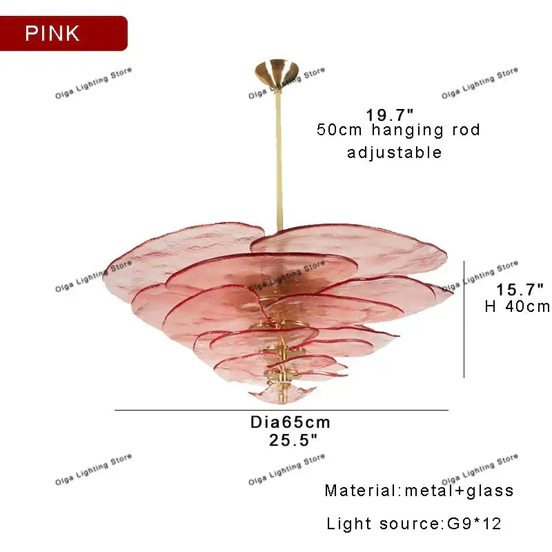 Modern green leaf glass chandelier with pink layered glass petals and brass finish for dining room ceiling light