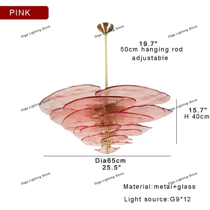 Modern green leaf glass chandelier with pink layered glass petals and brass finish for dining room ceiling light