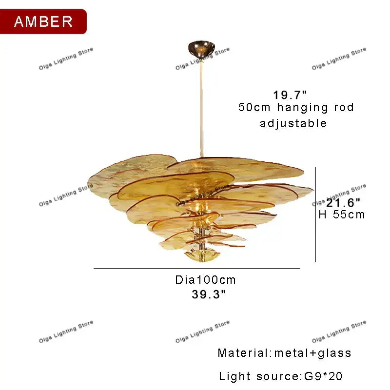 Amber-colored modern green leaf glass chandelier with layered petal shades and metal frame for dining room use