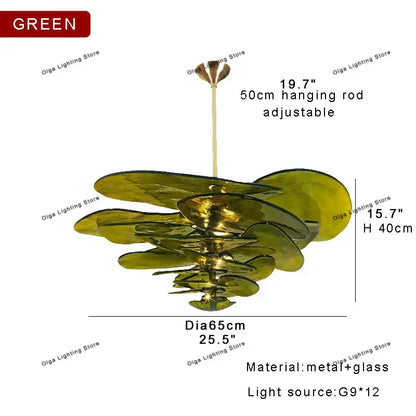Modern green leaf glass chandelier with layered petal design and adjustable hanging rod for dining room lighting