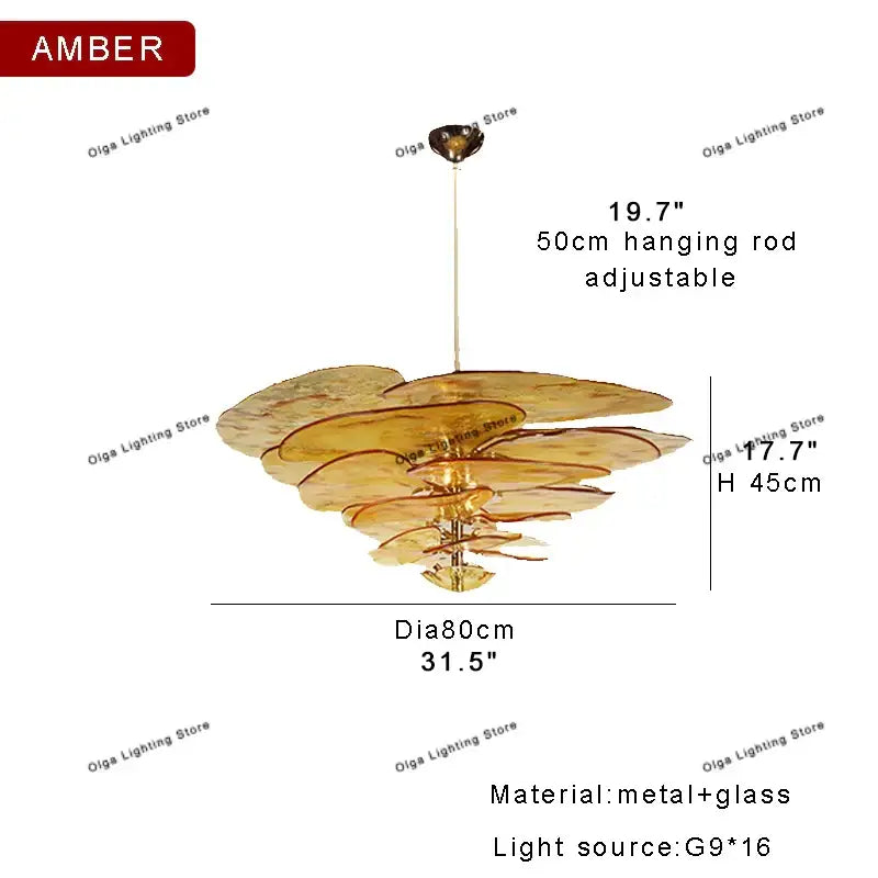 Modern green leaf glass chandelier with amber layered petal glass and metal frame for dining room ceiling use