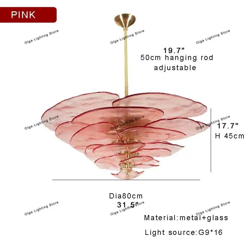 Modern green leaf glass chandelier featuring pink layered glass petals with a brass finish for dining room lighting