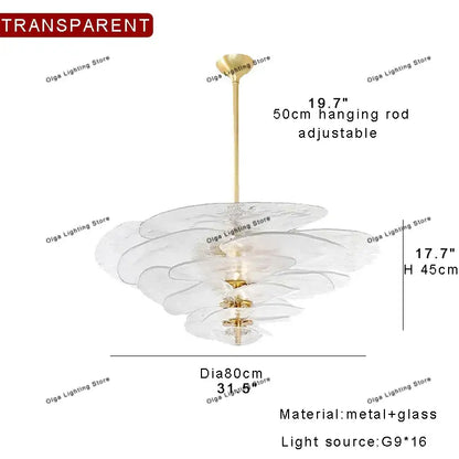 Transparent glass chandelier with layered petal shades and gold-toned rod for dining room green leaf glass decor