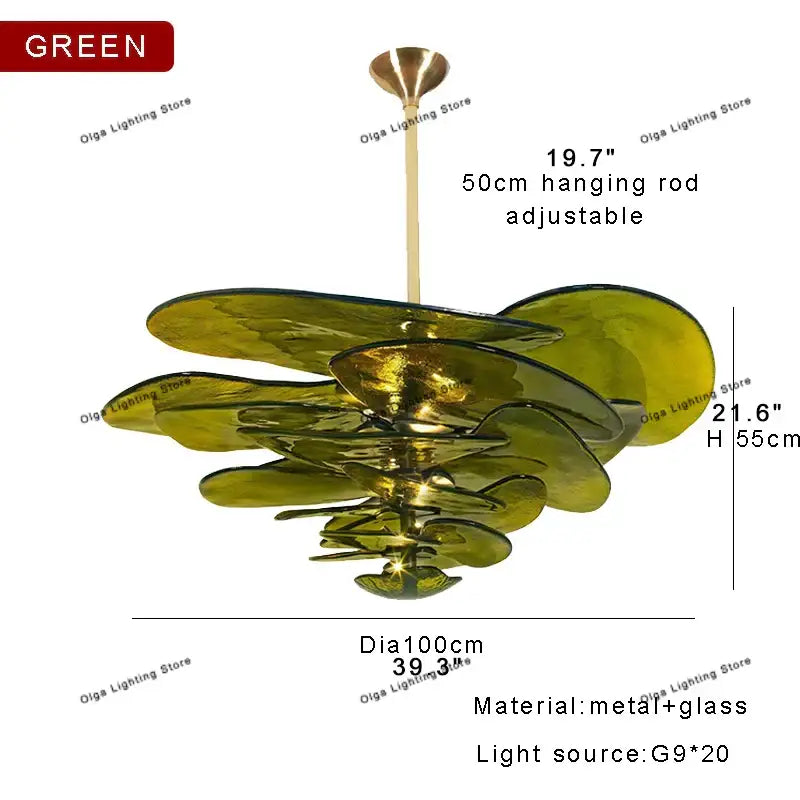 Modern green leaf glass chandelier with metallic petals and adjustable hanging rod for dining room ceiling light