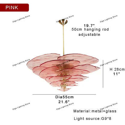 Modern green leaf glass chandelier featuring pink layered glass with metallic finish for dining room lighting