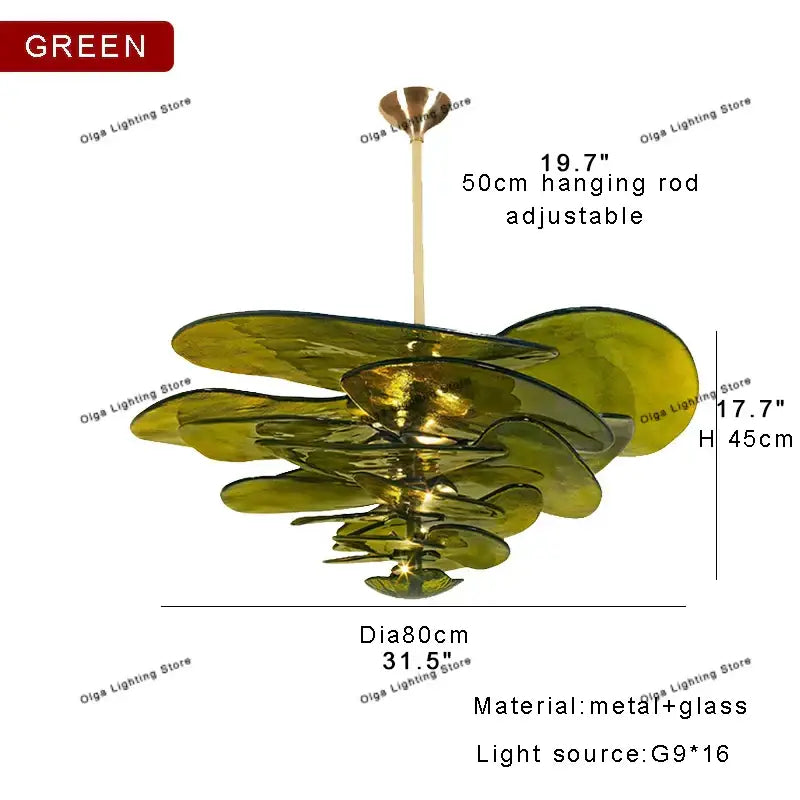 Modern green leaf glass chandelier with metallic green glass petals and adjustable hanging rod for dining room lighting