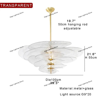 Modern green leaf glass chandelier with transparent layered petals and gold toned metal accents for dining room use