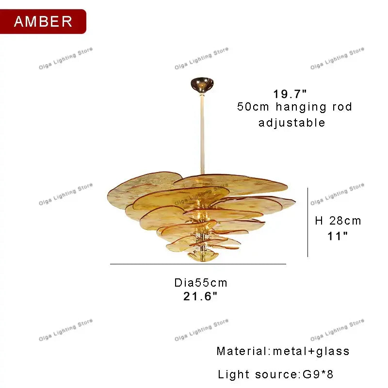 Modern green leaf glass chandelier with amber layered petal shades and metallic rod for dining room leaf glass ceiling use