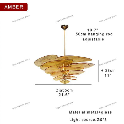 Modern green leaf glass chandelier with amber layered petal shades and metallic rod for dining room leaf glass ceiling use