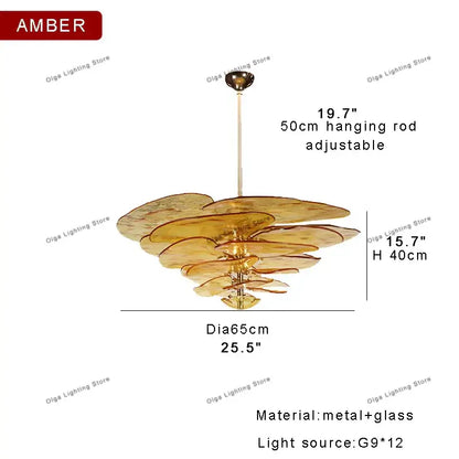 Modern green leaf glass chandelier with amber layered petals and metallic frame for dining room leaf glass ceiling use