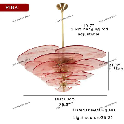 Modern green leaf glass chandelier with pink layered glass petals and brass finish for dining room lighting