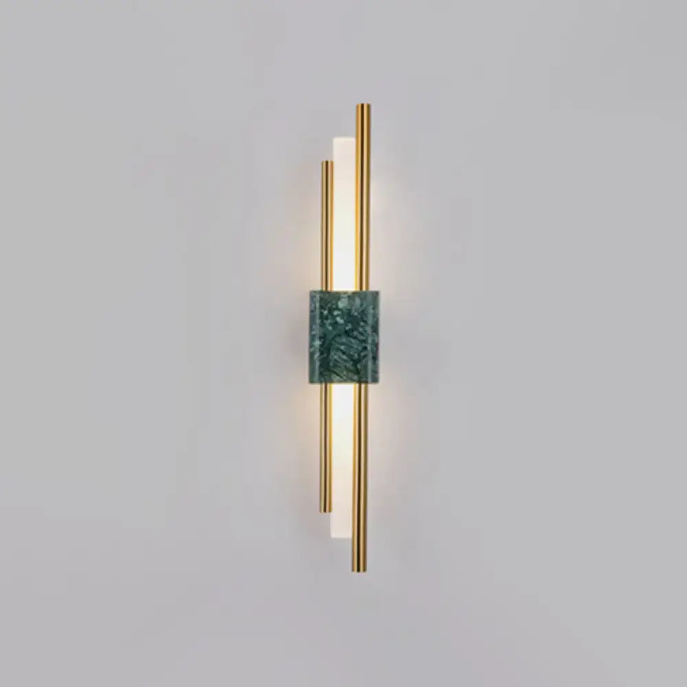 Modern green marble and gold stick wall sconce light with metal rods and white illuminated panels for bedroom decor