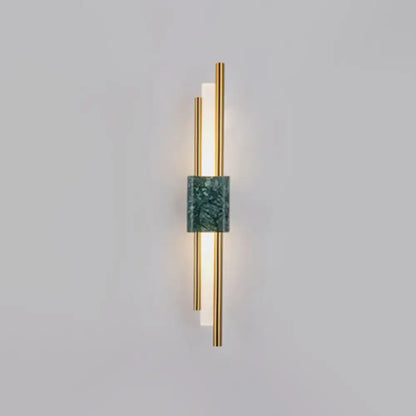 Modern green marble and gold stick wall sconce light with metal rods and white illuminated panels for bedroom decor