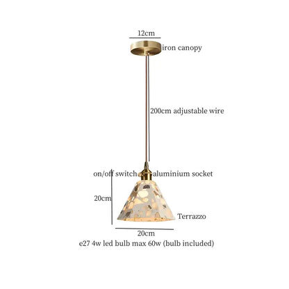 A brass-finished pendant light with terrazzo glass shade and adjustable wire for decorbites green marble kitchen lighting