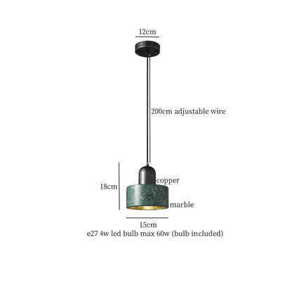 Modern green marble led pendant light with dark green marble shade and copper accents for kitchen lighting decorbites