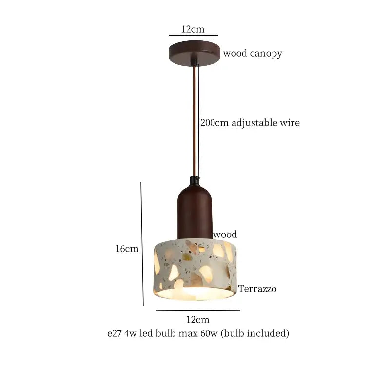 A rustic pendant light with dark brown wooden canopy and beige terrazzo shade for decorbites green marble kitchen lighting