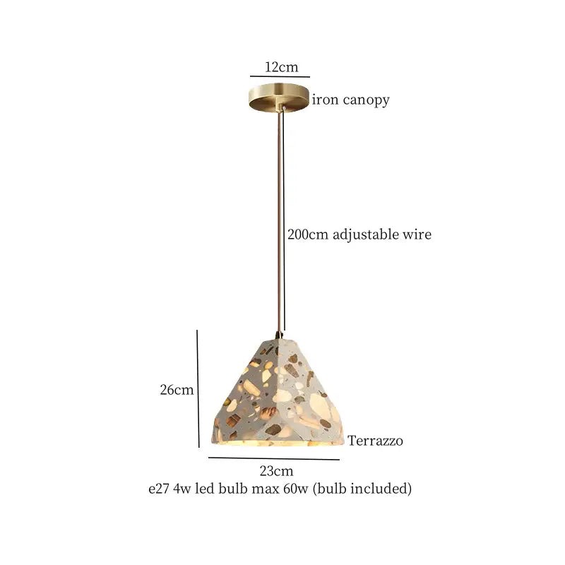 A modern pendant light with terrazzo shade in beige brown gray tones and brass-finished wire by decorbites green marble led