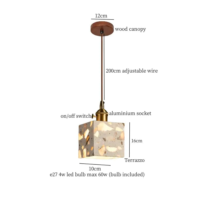 A modern square terrazzo pendant light with textured gray and white concrete finish for decorbites green marble kitchen lighting