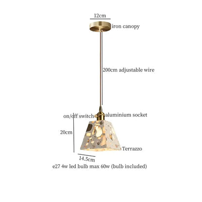 Modern green marble led pendant light with brass-finished iron canopy, adjustable wire, and terrazzo shade for kitchen lighting
